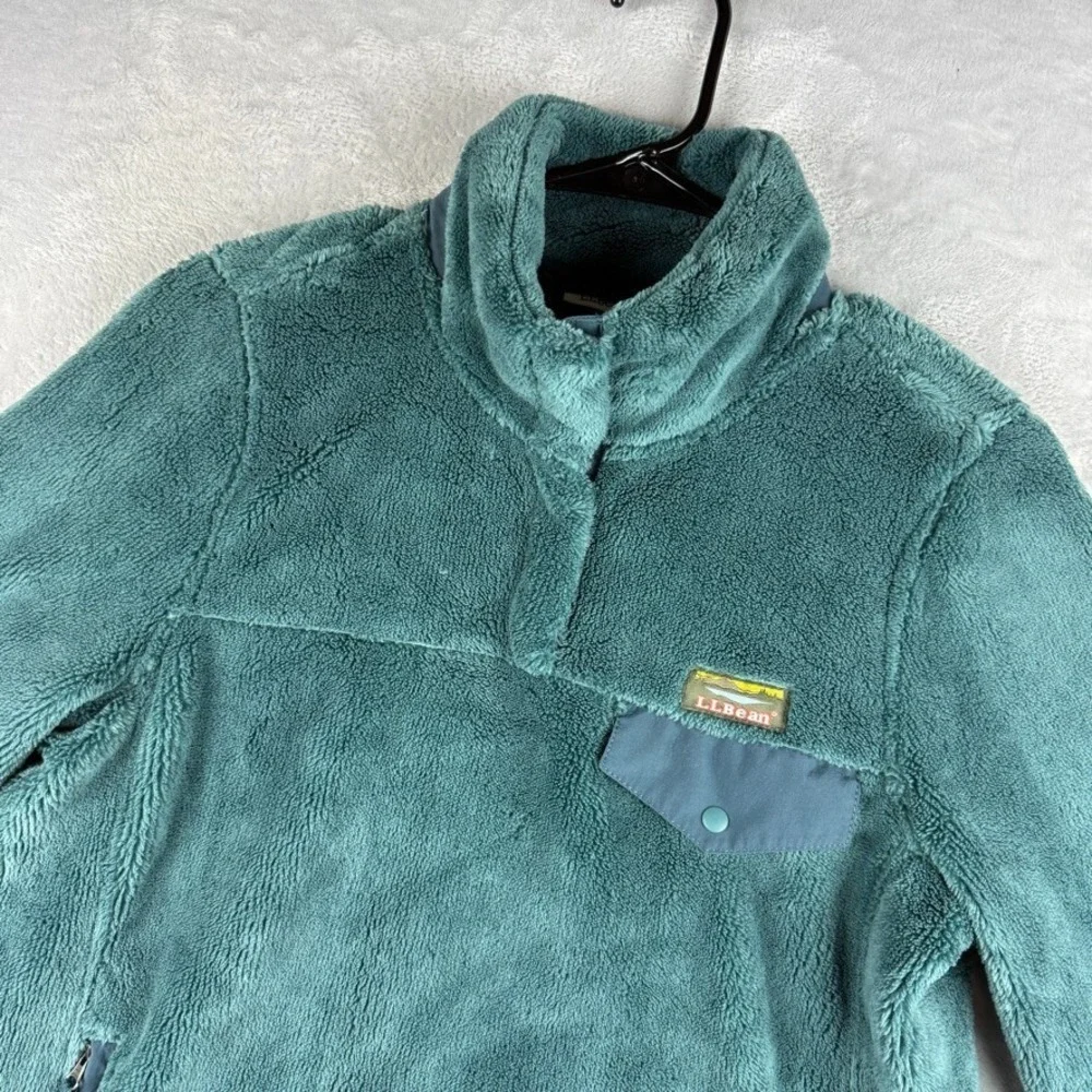 LL Bean Snap T Fleece Womens Small Green Sherpa Sweater Sweatshirt Pockets